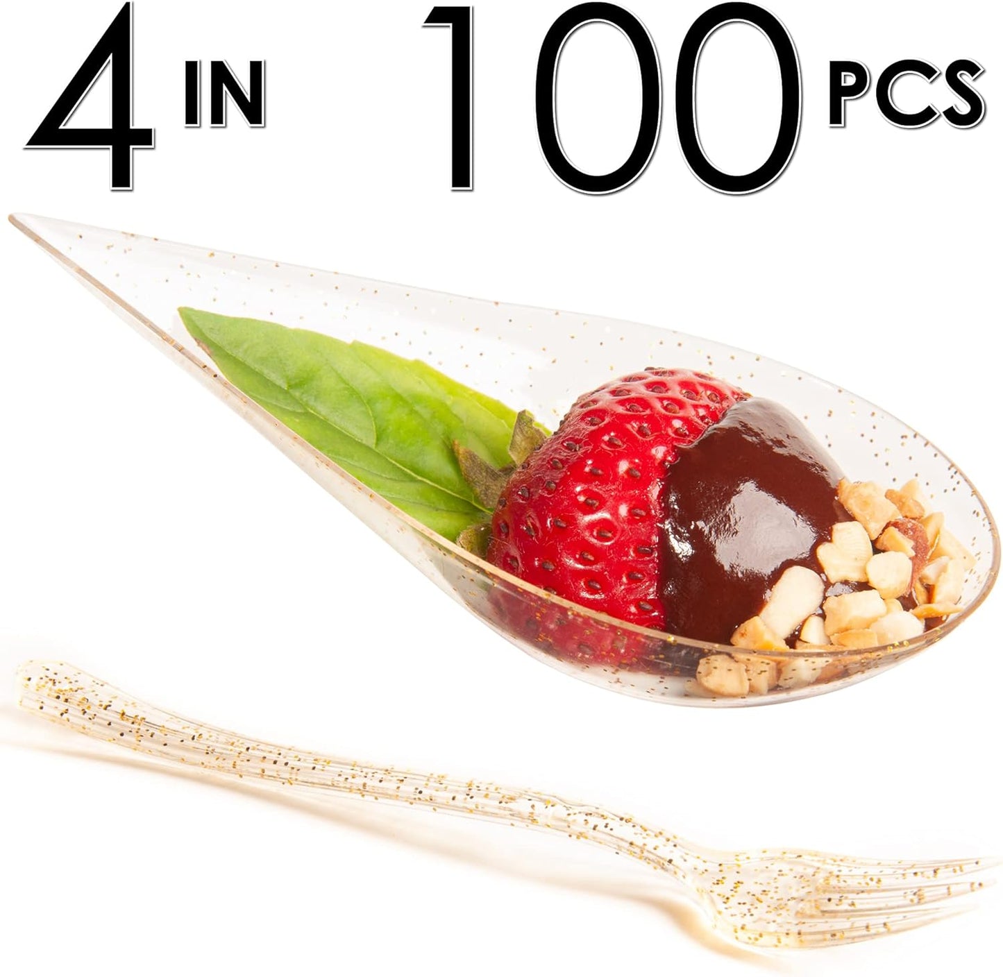 DLux 100 4-in Tear Drop Mini Appetizer Plates with Forks, Reusable Gold Glitter Clear Plastic Spoon - Dessert and Appetizers Dishes Serving Plate - Asian Spoon Set, Small Catering Dessert Tasting Cups