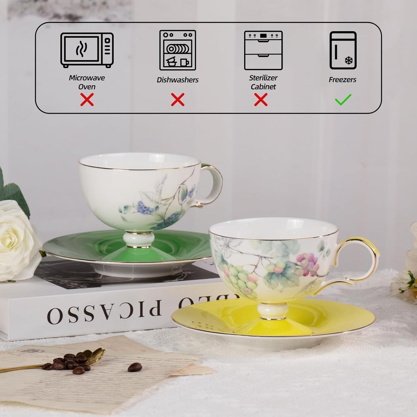 KAMMAK Ceramic Coffee Cups Saucers Set of 2, Porcelain Espresso Cups with Saucers, 7.44 oz Handcrafted Elegant Bone China Tea Cups, Grape & Blueberry Pattern Teacup for Party, Office, Women Gift