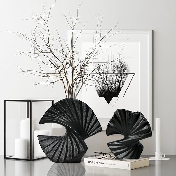 Sector Vase, Set of 2 - Minimalist Nordic, Black Ceramic Sector Vase Vase Decor | Table Centerpiece, Olive Plant, Wedding, Living Room, Bookshelf, Office, Modern Home, Entryway, Console