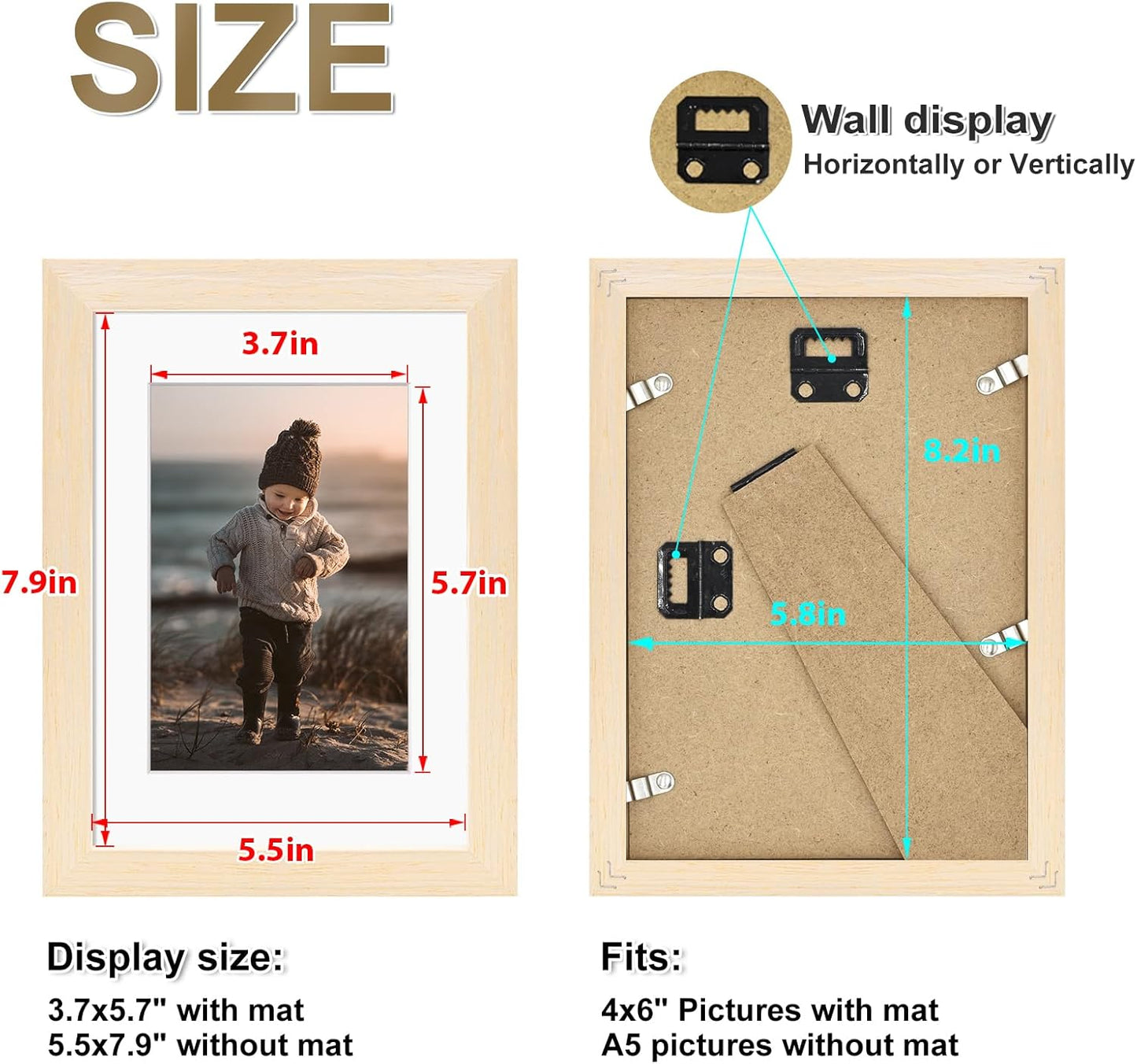 KINLINK A5 Picture Frame, White Oak Solid Wood Frames with Acrylic Plexiglass for Pictures 4x6 with Mat or A5 without Mat, Tabletop and Wall Mounting Display 4 Pack