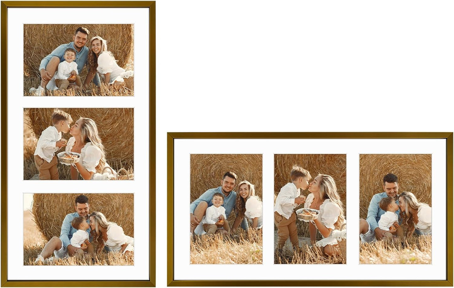 Frametory - 8.5x16.3 Aluminum Collage Picture Frame - Display 5x7 Pictures with 3 Openings Mat - Real Glass Front - Horizontal/Vertical Wall Mount - Bronze 1 Pack
