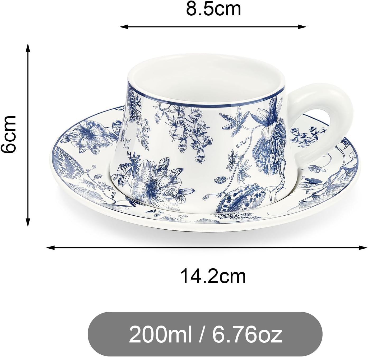 fanquare 8.5oz Blue Floral Coffee Mug, Large Tea Cup with Saucer Porcelain Tea Cups with Thick Handle for Home Office Party, Ceramic Drinking Cups