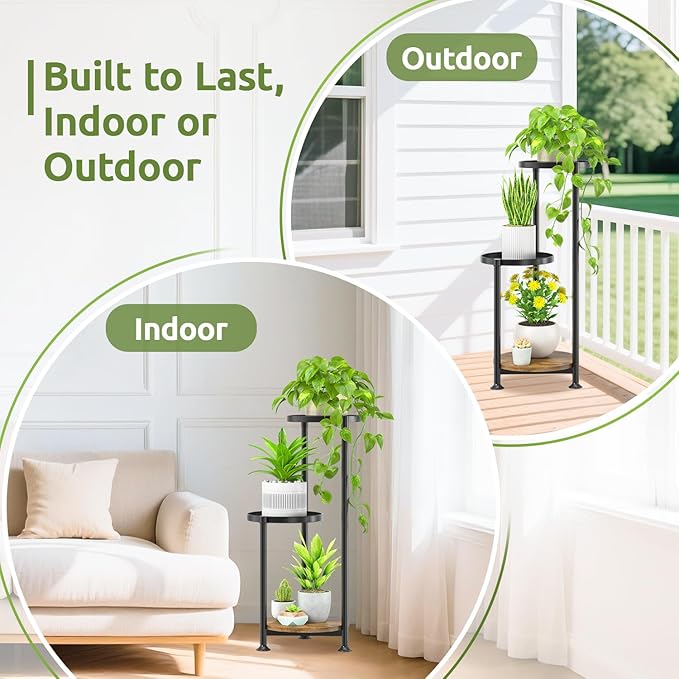 3 Tier Plant Stand Indoor Outdoor, 10in Wide Metal Tiered Tall Flower Pot Holder Multiple Shelf, Large Heavy Duty Round Rack for Patio Garden Living Room Balcony Corner Bathroom Orchid,Modern Black