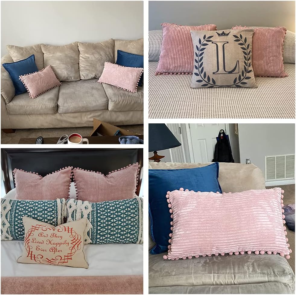 Fancy Homi 2 Pack Blush Pink Lumbar Decorative Throw Pillow Covers 14x24 Inch with Pom-poms for Couch Bedroom Sofa, Farmhouse Boho Home Decor, Soft Corduroy Solid Rectangle Cushion Case 35x60 cm