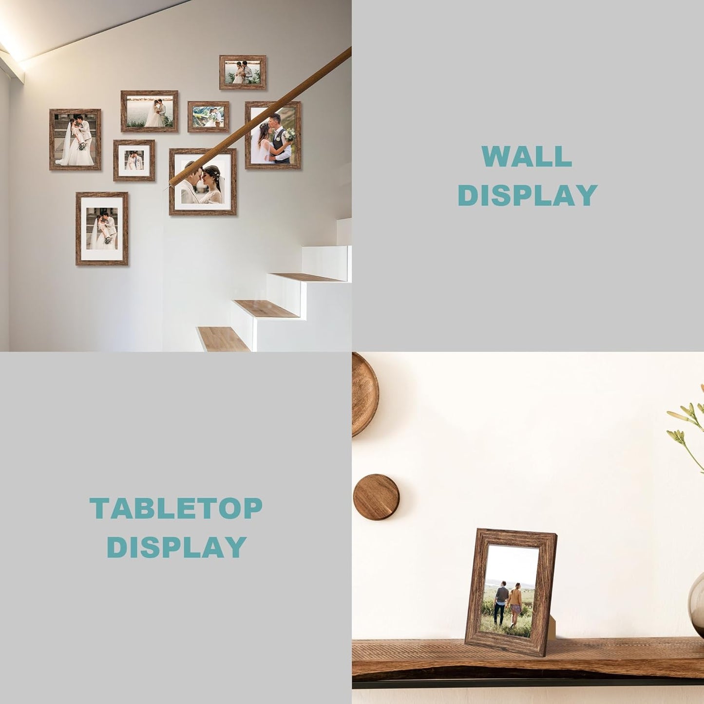 iRahmen 8x12 Picture Frame Set of 4 with High Definition Real Glass, Display 6x8 Pictures with Mat or 8 x 12 Without Mat, Rustic Wood Photo Frames for Tabletop and Wall Mounting