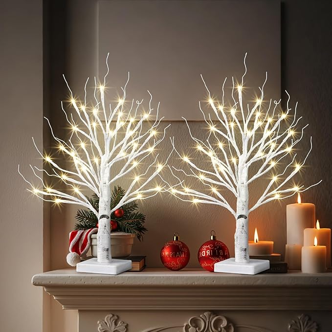 4pcs 36LED Lighted Birch Tree Home Decor - White Birch Tree with Lights Money Tree Wedding Centerpieces Artificial Branches Table (Warm White)