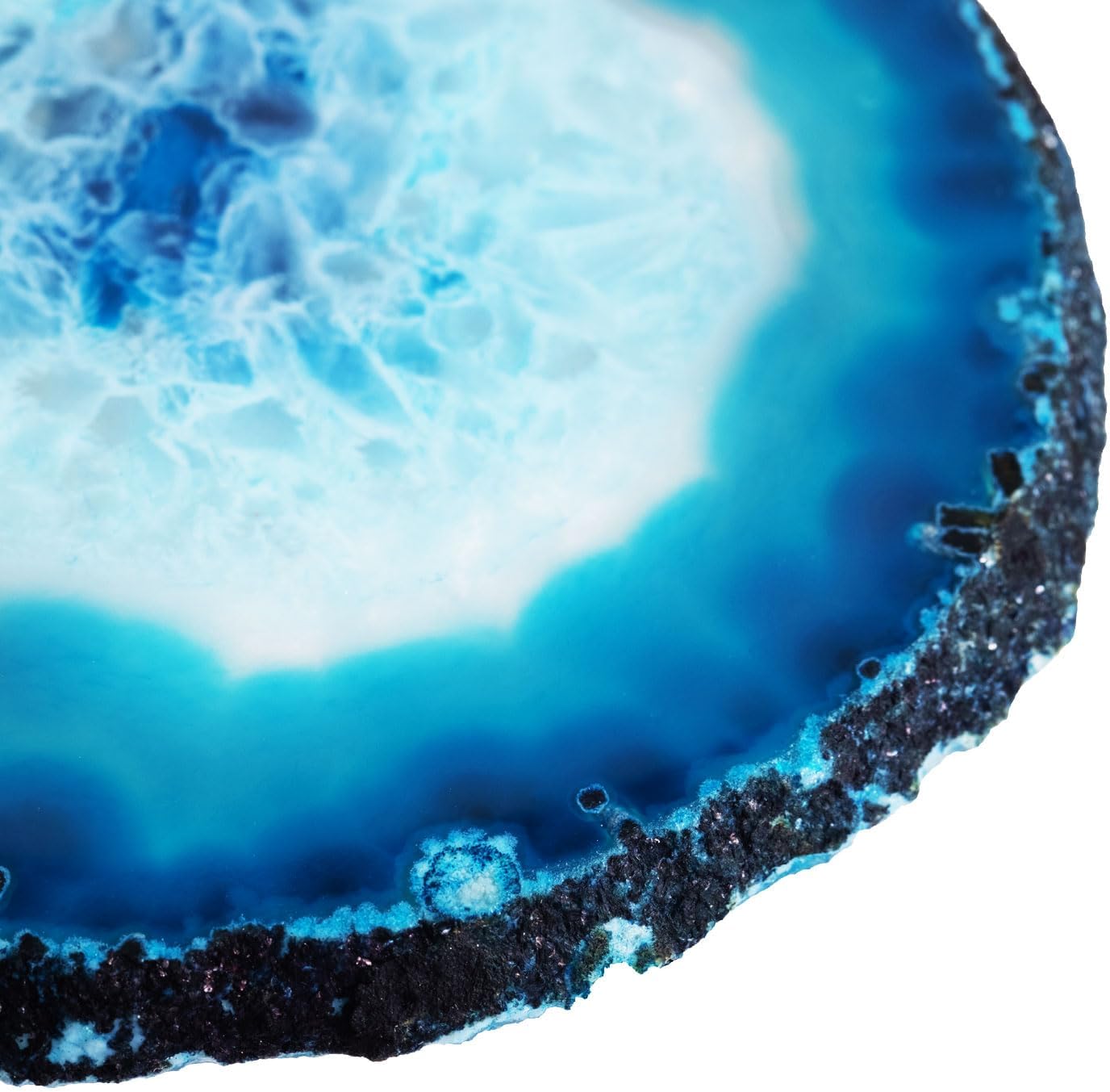 Luxury Lane Set of 4 Large Natural Brazilian Agate Slice Geode Rock Stone Drink Coasters with Wood Holder 4.3-4.7 inch Centerpiece Table Decoration, Ocean Blue