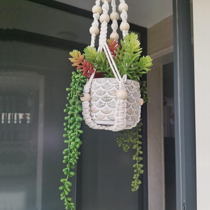 Macrame Plant Hanger 35", No Tassel Hanging Plant Holder, Sturdy Flower Pot Holder with 2 Hooks - Ivory