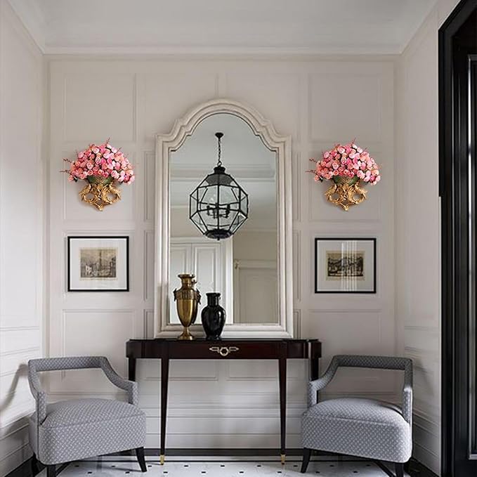 European Artificial Flowers, Luxurious Silk Faux Floral Arrangement with Medieval Gold Carved Vase for Elegant Home Decor