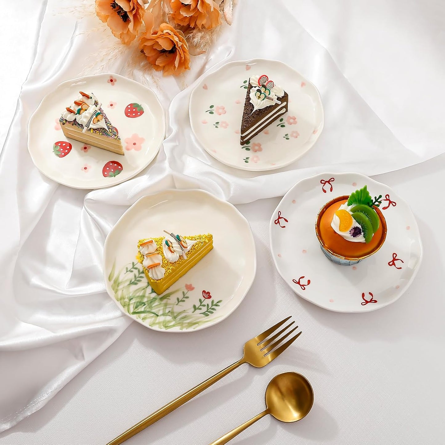 Koythin Ceramic Dessert Plates, Cute Fruits Dinner Plate, Printed Flowers Dinnerware for Office and Home, Kitchen Plates for Desserts (Hand Drawn Flower Fields)