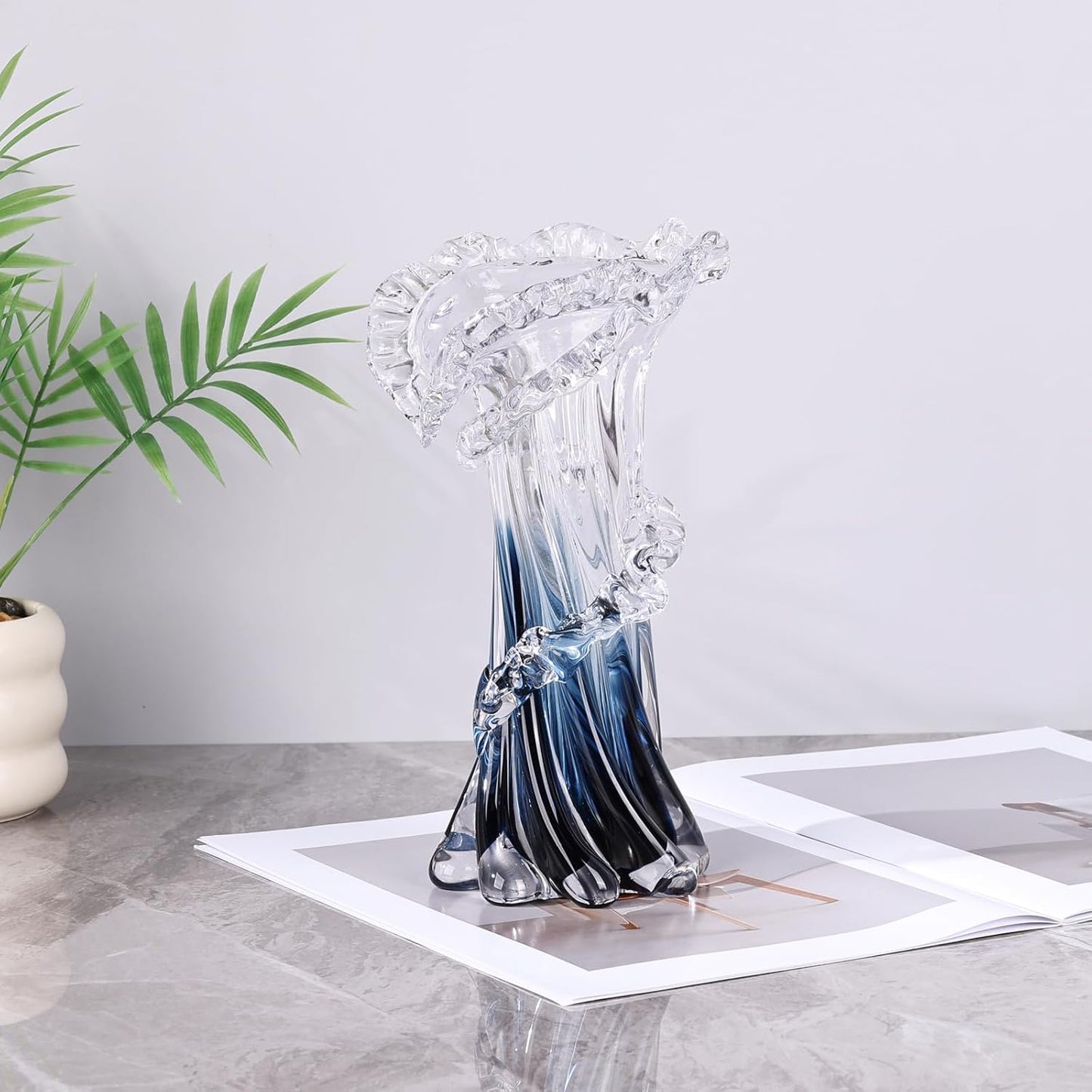 Blue White Clear Wave Vases Gradient, Murano Hand Blown Glass Vase Unique Art Decorative, for Ocean Themed Coastal Home Centerpiece Modern Office Entrance Table Creativity
