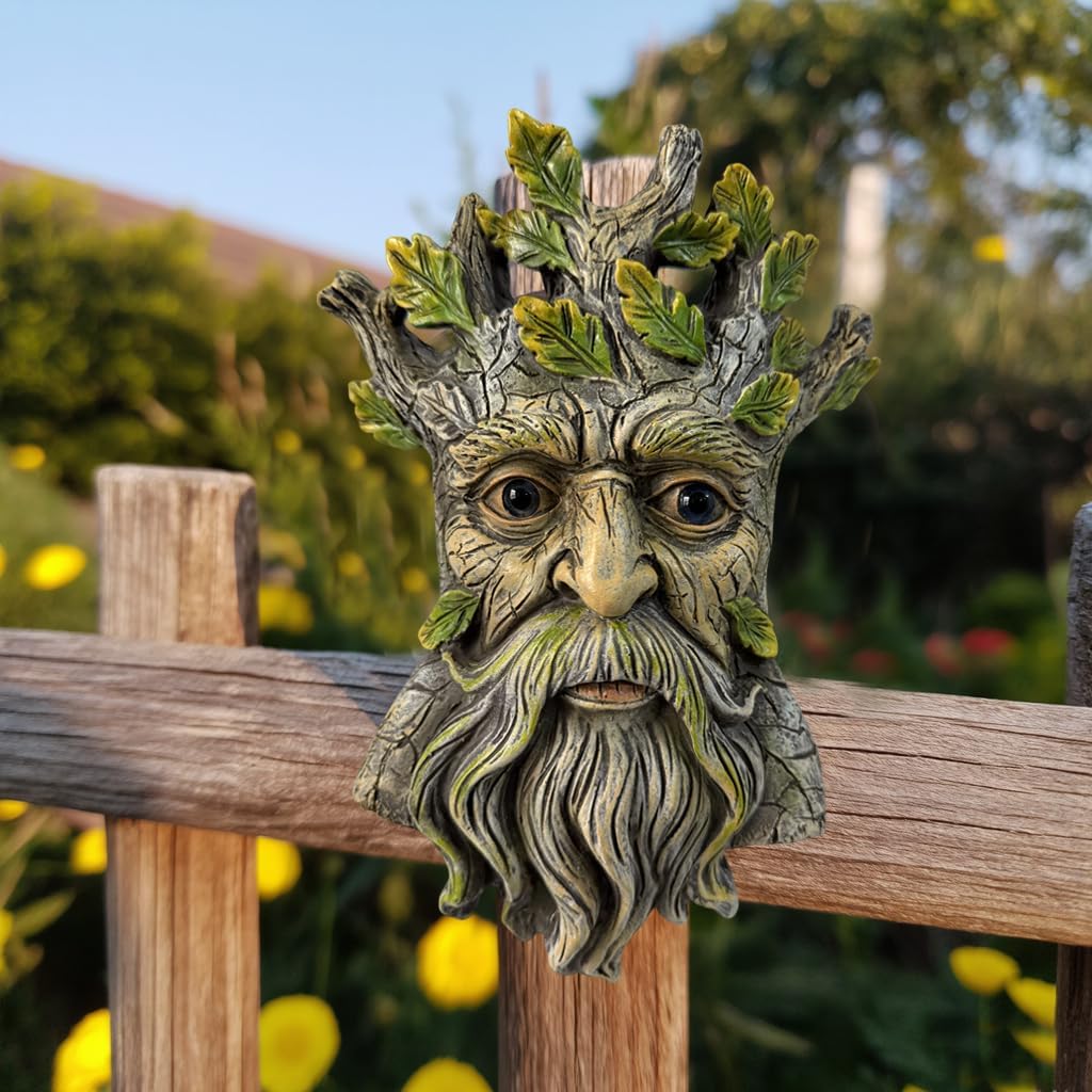 Blue Eye Leaf Tree Face Sculpture, Funny Blue Eye Leaf Old Man Tree Hugger Statue, Indoor & Outdoor Creative Props for Garden and Home,9" x 7" x 2.4"