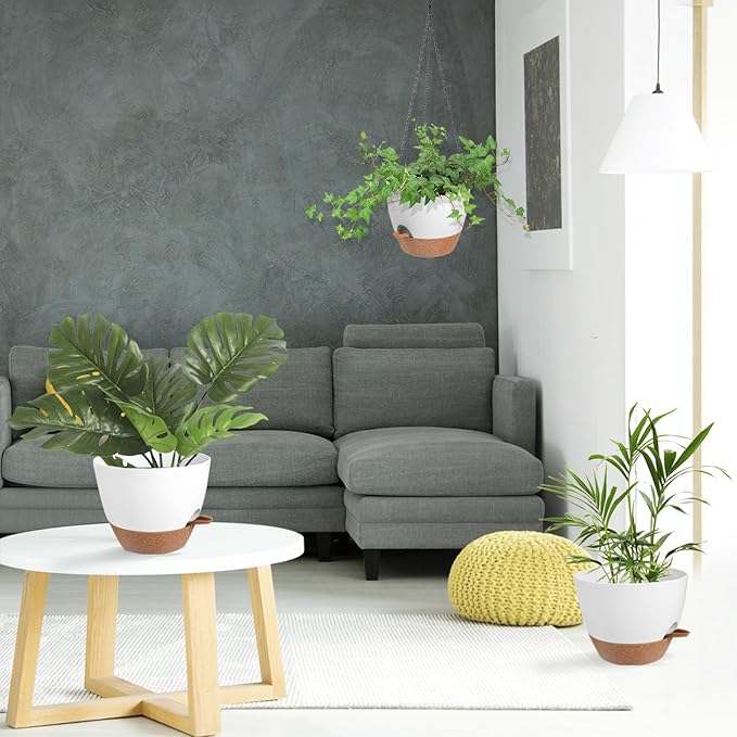 Hanging Planters for Indoor Outdoor Plants, 1 Set Self Watering Hanging Pot with Drainage Holes & Removable Tray (White-12inch, 12'')