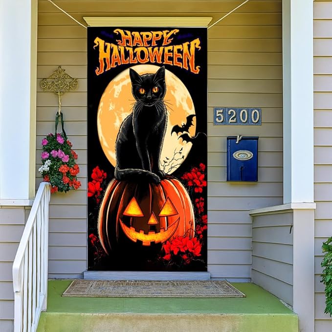 Halloween Door Banner Moonlit Night Black Cat Double Bat Spooky Decoration 71x35 Inches