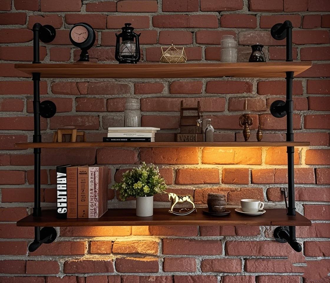 Industrial Pipe Shelving 48inch Wall Mounted, Rustic Floating Shelves with Wood Shelf, 3 Tier Farmhouse Bathroom Shelves Over Toilet, Industrial Pipe Shelf for Kitchen, Living Room Decor