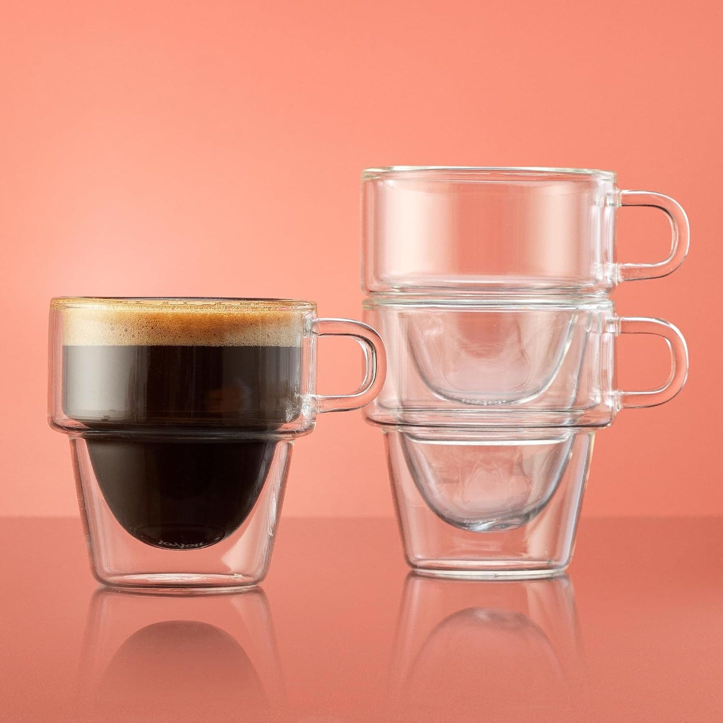 JoyJolt Stoiva Double Wall Insulated Espresso Glass Cups – 5 oz. (150 ml) Shot Cup with Handle – Stackable Thermal Clear Glass Cups, Fit for Espresso Machine and Coffee Maker – Set of 4