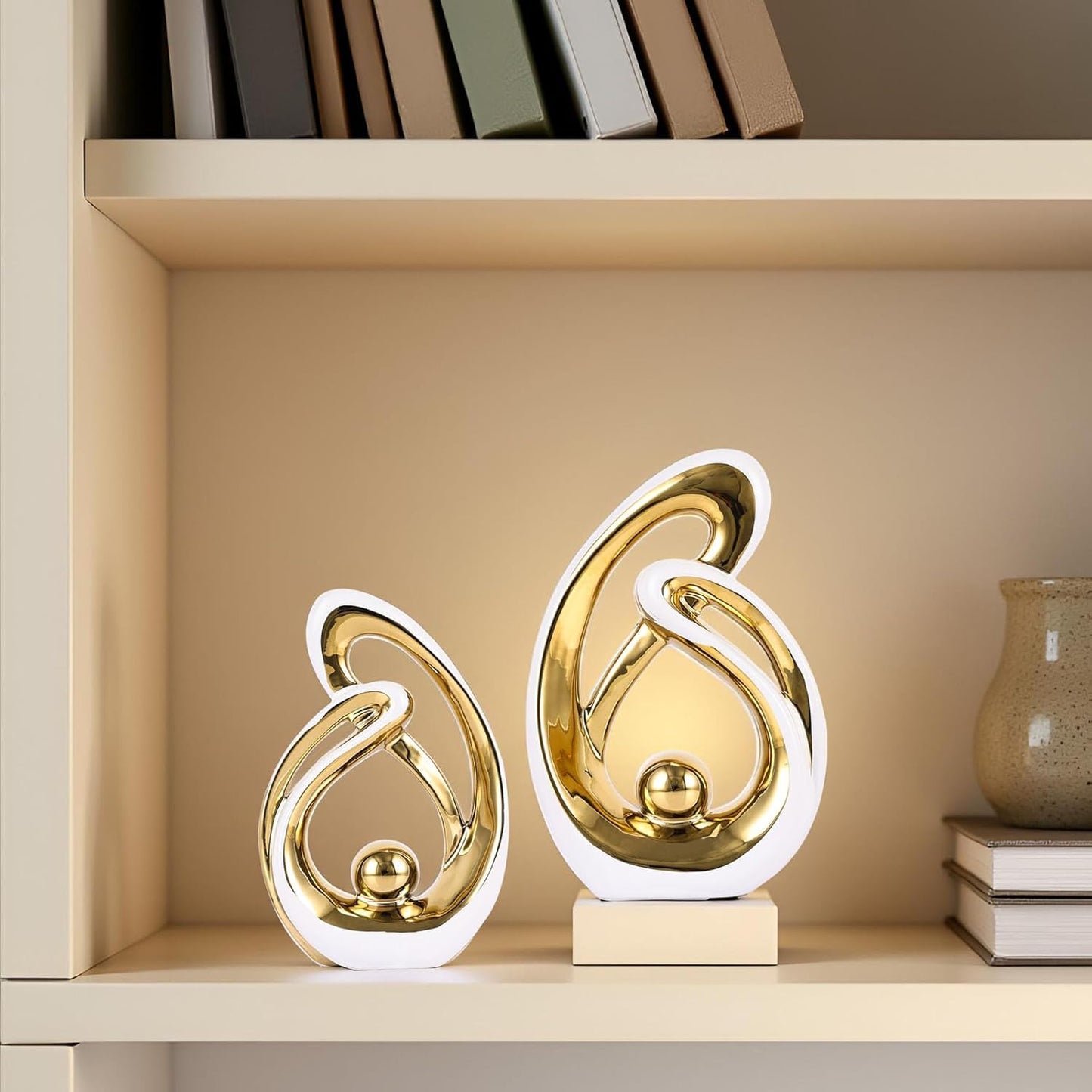 Home Decor Accent,Porcelain Art Mid Century Bookshelf Decorations,Gold Centerpieces for Tables,Abstract Ceramic Statue Sculpture for Coffee Table Mantel Tv Stand Centerpieces (White Gold, Small)