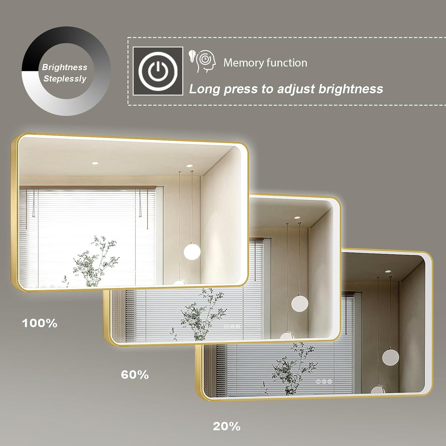 LED Mirror for Bathroom 48X28 Inch Gold Framed with Anti-Fog, Stepless Dimmable, Front Lit, LED Bathroom Vanity Mirror for Wall, Memory Function, Shatter-Proof