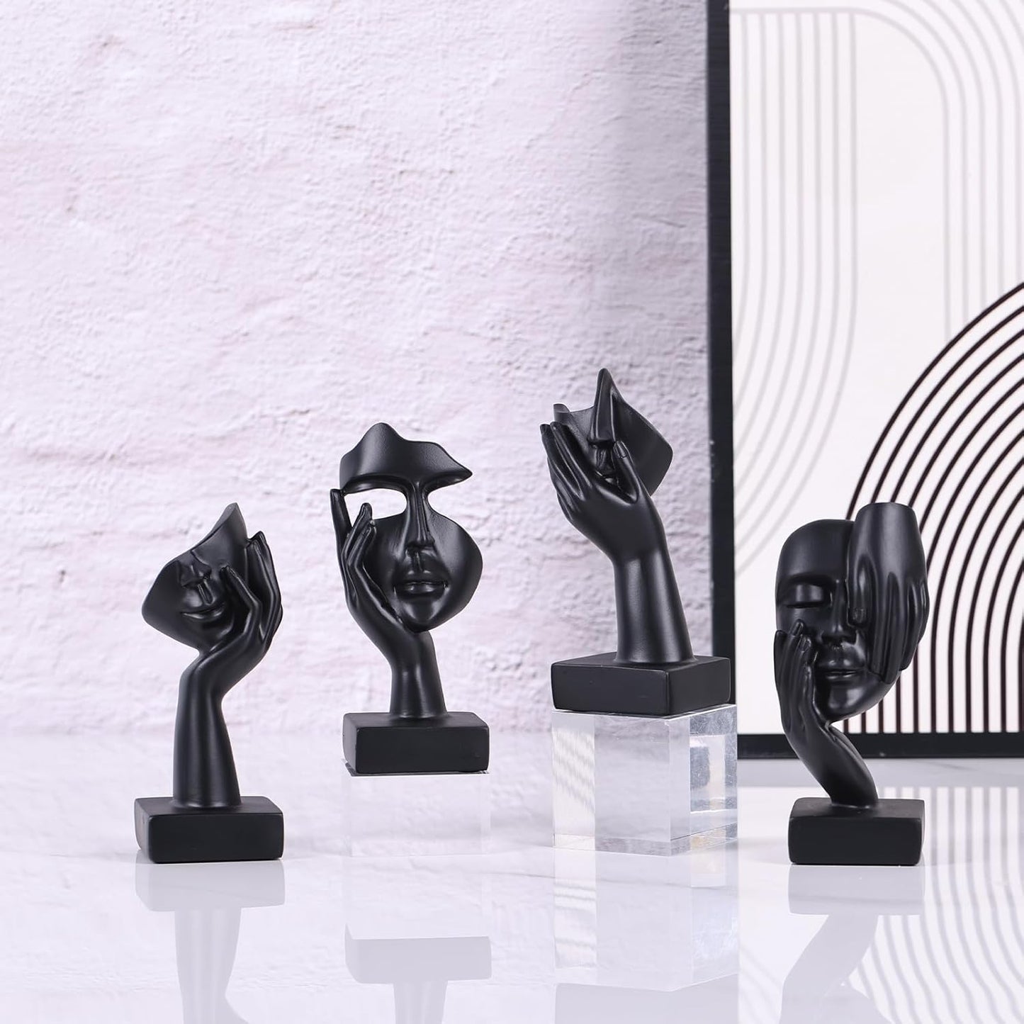 Black Abstract Thinker Figurine Set of 4, Home Art Face Small Statue for Accents Decor Women Bedroom Shelf Bookcase Room Desk, TV Stand, Coffee Table Decor, for Women Art Decor Gifts (Black)