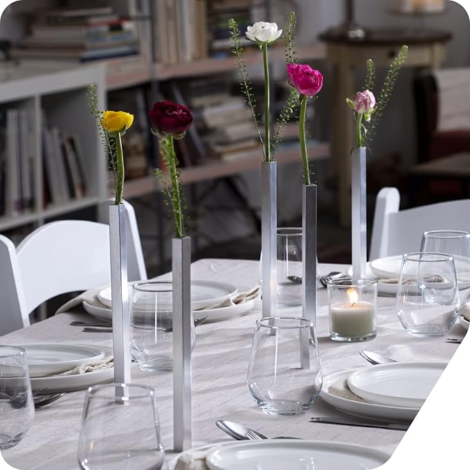 PELEG DESIGN Magnetic Flower Vase - Unique and Modern Set of 5 Silver Aluminum Vases for Home Garden Décor | 9.4 x 0.6 x 0.6 inches | Suitable for Both Real and Artificial Flowers