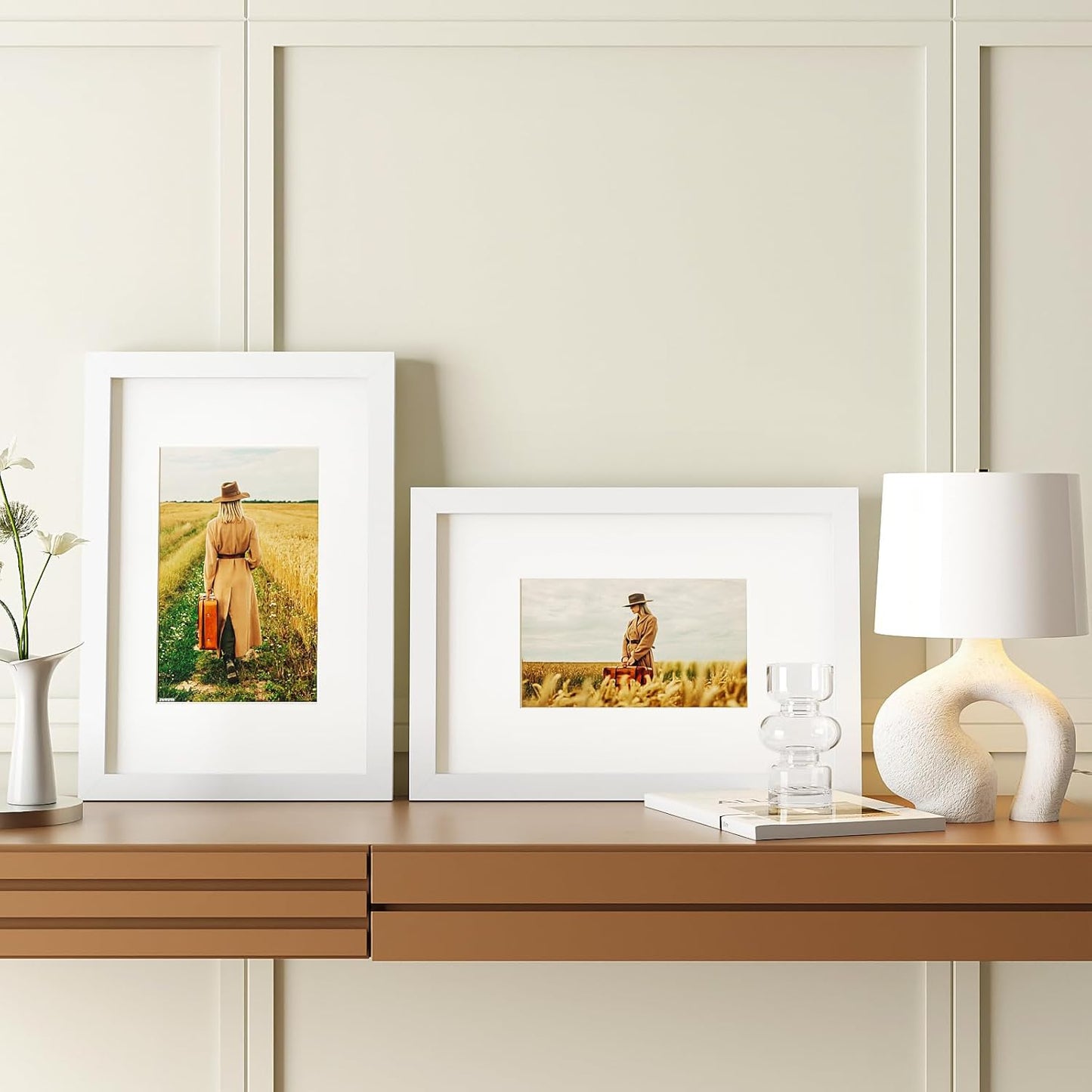 Egofine 8x12 Picture Frames Set of 4, Made of Solid Wood Covered by Plexiglass 5x7 and 6x8 with Mat or 8x12 without Mat, for Table Top Display and Wall Mounting Photo Frame White