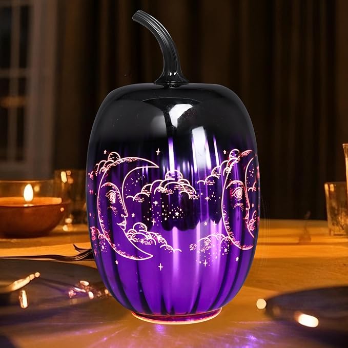 VCUTEKA Glass Pumpkin Lights, Lighted Pumpkins Halloween Decorations for Home, Pumpkin for Indoor Decor and Thanksgiving Centerpieces Tables Decor, Purple