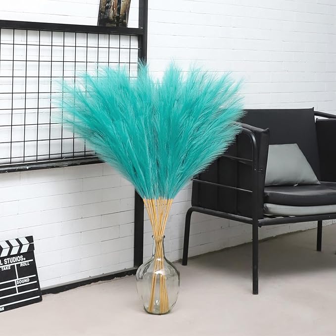 38" 10 Stems Faux Pampas Grass Decor - Tall Pampas Grass for Floor Vase Fluffy Artificial Pampas Grass for Boho Home Wedding Mothers Day Decoration(Lake Blue)