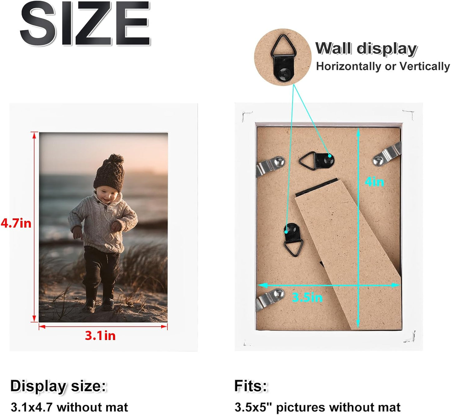 KINLINK 3.5x5 Picture Frame White, Solid Wood Frames with Plexiglass for Table Top and Wall Mounting, Photo Frames for Horizontal or Vertical Display, 4 Pack