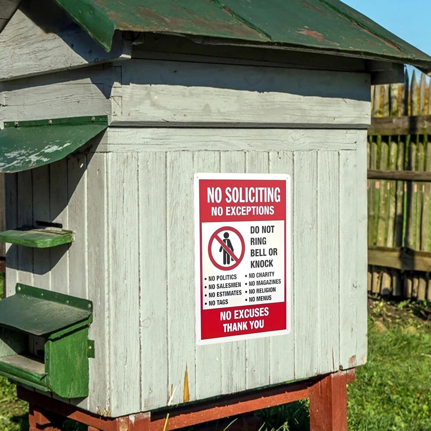 Funny 'No Soliciting No Exceptions' Metal Sign - Rust-Free Aluminum, Weatherproof, Easy Install with Pre-Drilled Holes - for Home & Business Doors, 8"x12"