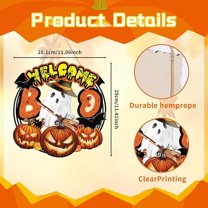 Welcome Halloween Sign,Cute Ghost Door Sign,Halloween Pumpkin Door Decor,Bat Pumpkim Wall Hanging,Black Cat Bat Boo Ghost Wall Decoration for Party Home Porch Yard Room Office Outdoor Indoor