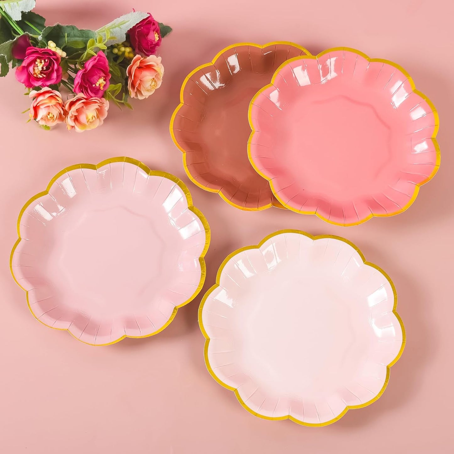 Dusty Pink Gradient Color Dessert Paper Plates, 7 inch Gold Foil Scalloped Edge, Disposable Cake Plates for Tea Party, Birthday, Baby Shower, Wedding Party Supplies (48, Dusty Pink)