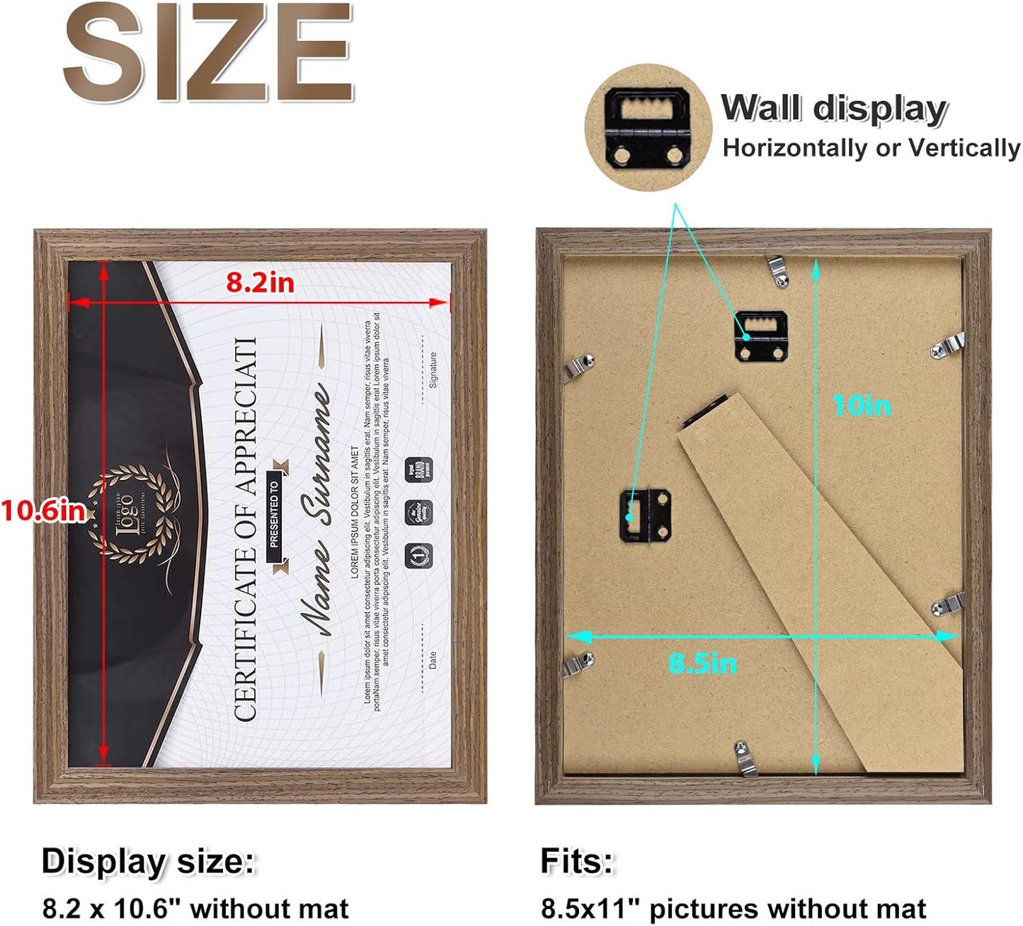 KINLINK 8.5x11 Picture Frame Brown, Solid Wood Diploma Frames with Acrylic Plexiglass for Pictures, Certificate Degree Document Frame Tabletop and Wall Mounting Display, 4 Pack