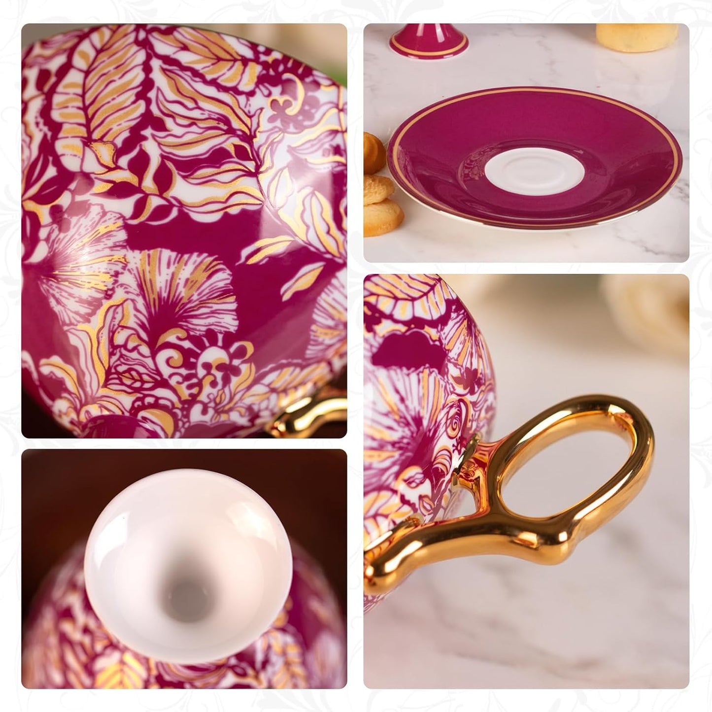 KAMMAK Ceramic Coffee Cups and Saucers Set of 2, Porcelain Espresso Cups with Saucers, 7.7 oz Handcrafted Ceramic Floral Coffee and Tea Cup, Vintage Drinkware for Tea Party, Office, Women Gifts