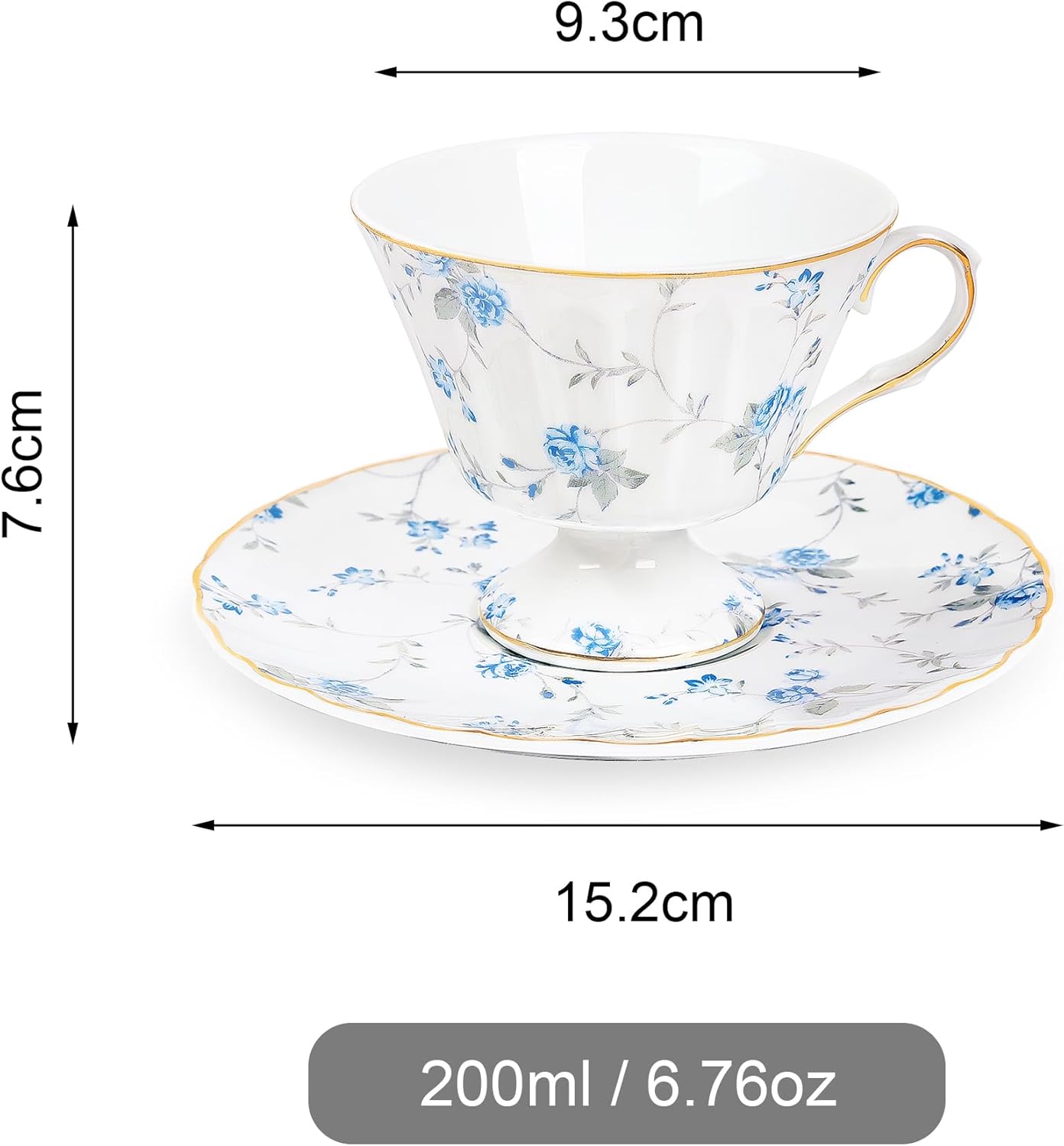 fanquare White Tea Cup and Saucer, Vintage Blue Floral Print Tea Cups for Women Gift, Retro Bar Coffee Mug for Cappuccino Latte, 5oz