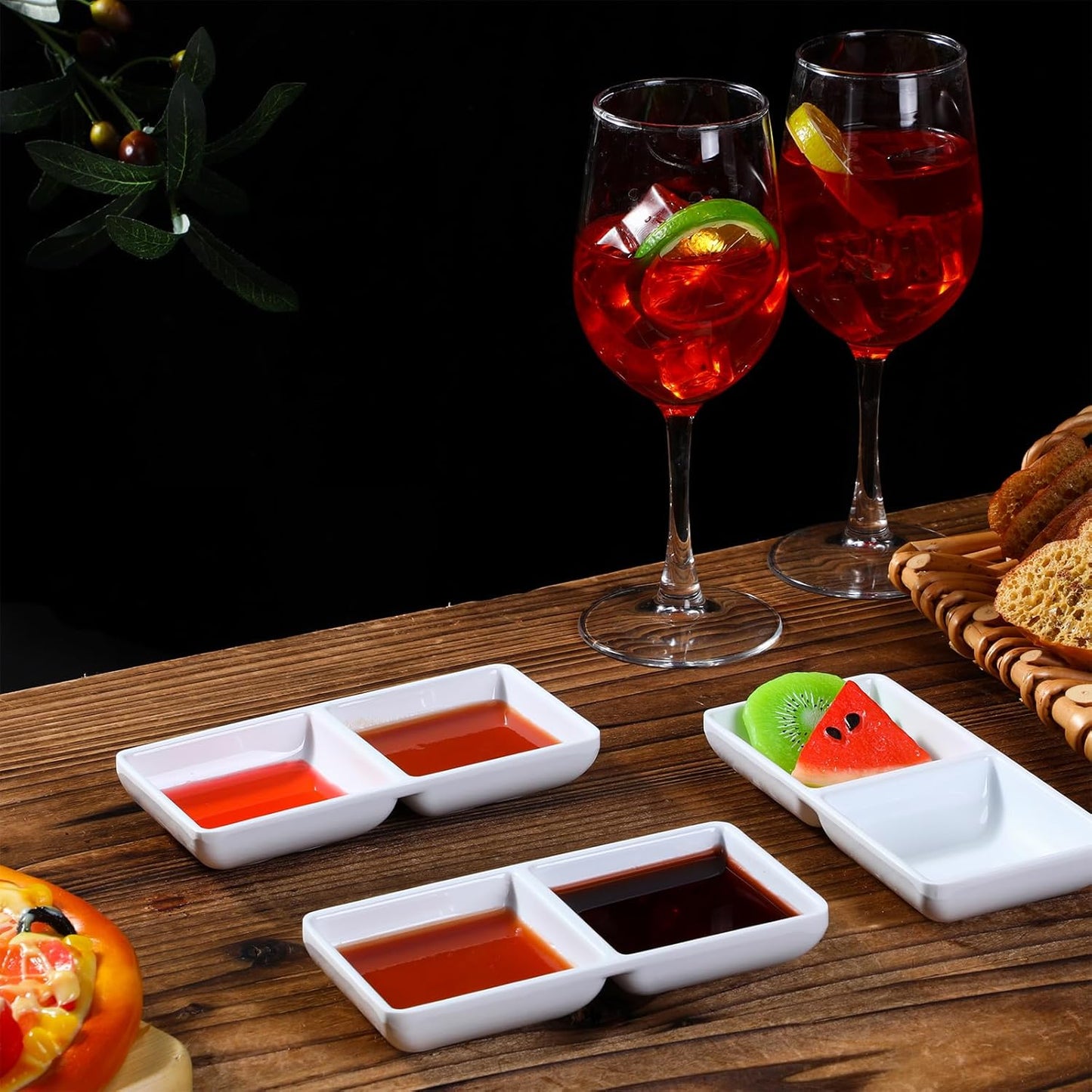 Gejoy 12 Pcs Dual Dipping Sauce Bowls Soy Sauce Dish Bowls Two Compartments Party Trays Divided Fondue Plates for Restaurant Kitchen Sushi Soy (White)