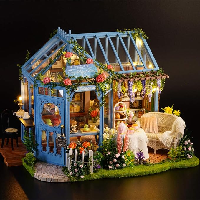 TuKIIE DIY Miniature Dollhouse Furniture Kit, 1:24 Scale Creative Room Wooden Doll House Accessories Plus Dust Proof & Music Movement for Kids Teens Adults(Rose Garden Tea House)