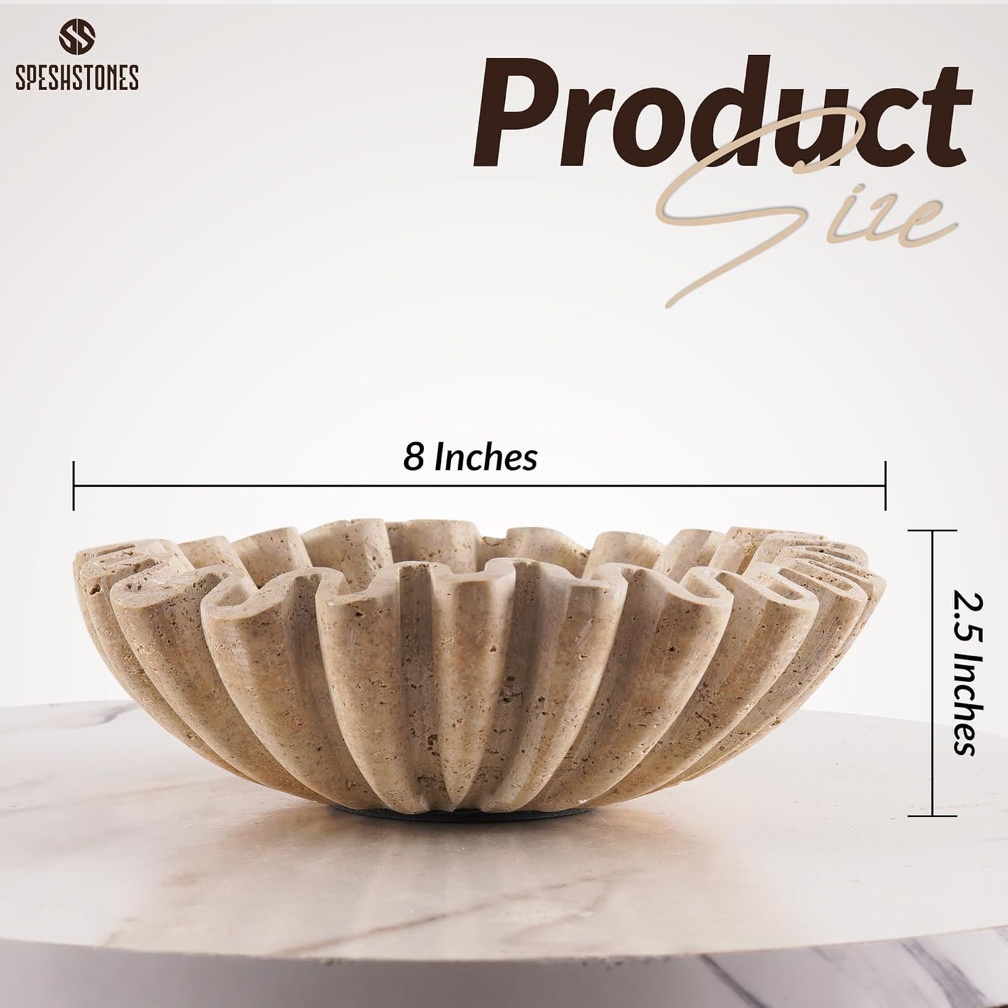 Marble Ruffle Bowl 8 Inch Handmade Travertine Fruit Bowl for Kitchen Counter - Large Decorative Scalloped Bowls for Dining, Coffee Table Centerpieces & Home Decor