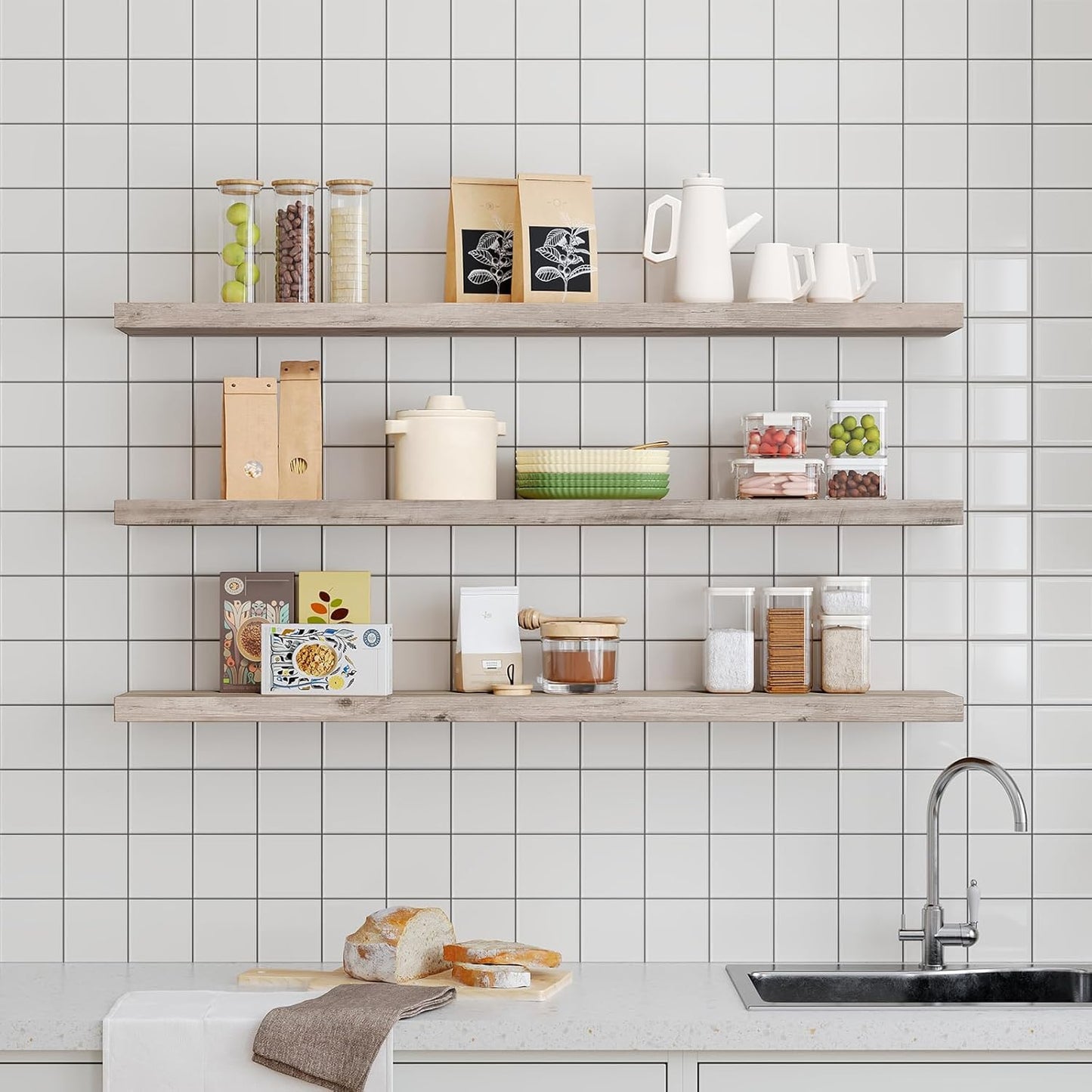 Floating Shelves for Wall, 1.5" Thick Wall Shelf Set of 3 with Invisible Brackets, L47.2 x W7.9 Hanging Book Shelves Farmhouse Home Decor for Bathroom, Living Room, Bedroom, Greige 12301BJP3BG