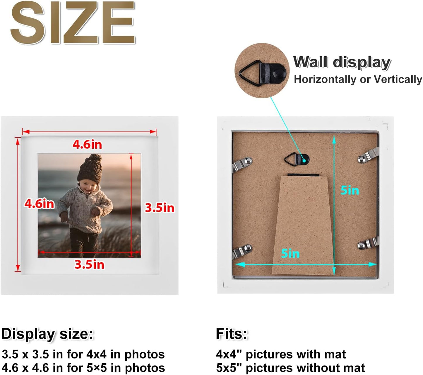 KINLINK 5x5 Picture Frame, White Square Solid Wood Frames for Pictures 4x4 with Mat or 5x5 without Mat, Wall and Tabletop Display Photo Frames White 4 Pack