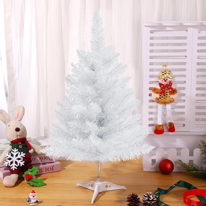 2FT Artificial Christmas Tree White Tabletop Christmas Tree with Plastic Stand Mini Xmas Pine Tree for Party Supplies Indoor Outdoor Holiday Home Decoration(White)