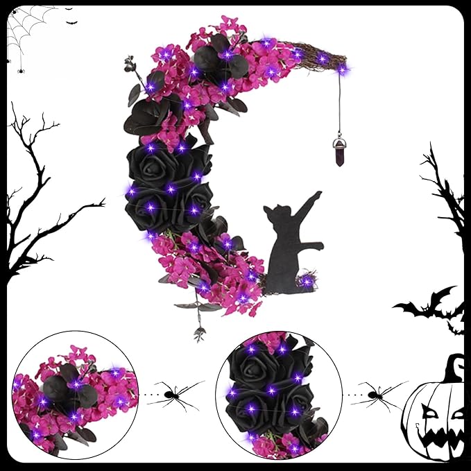 Halloween Wreaths For Front Door, Flower Moon Cat Halloween Home Decoration, Halloween Family Gathering Decoration Wreath,Outdoor, Wall, Closet, Fence, Wreath Halloween (Rose Red)