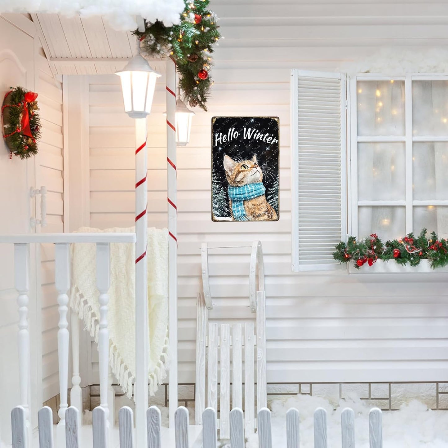 Hello Winter Cat Metal Signs Pine Trees Snowflakes Tin Signs Aluminum Sign for Home Farmhouse Office Outdoor Kitchen 12×8 Inch