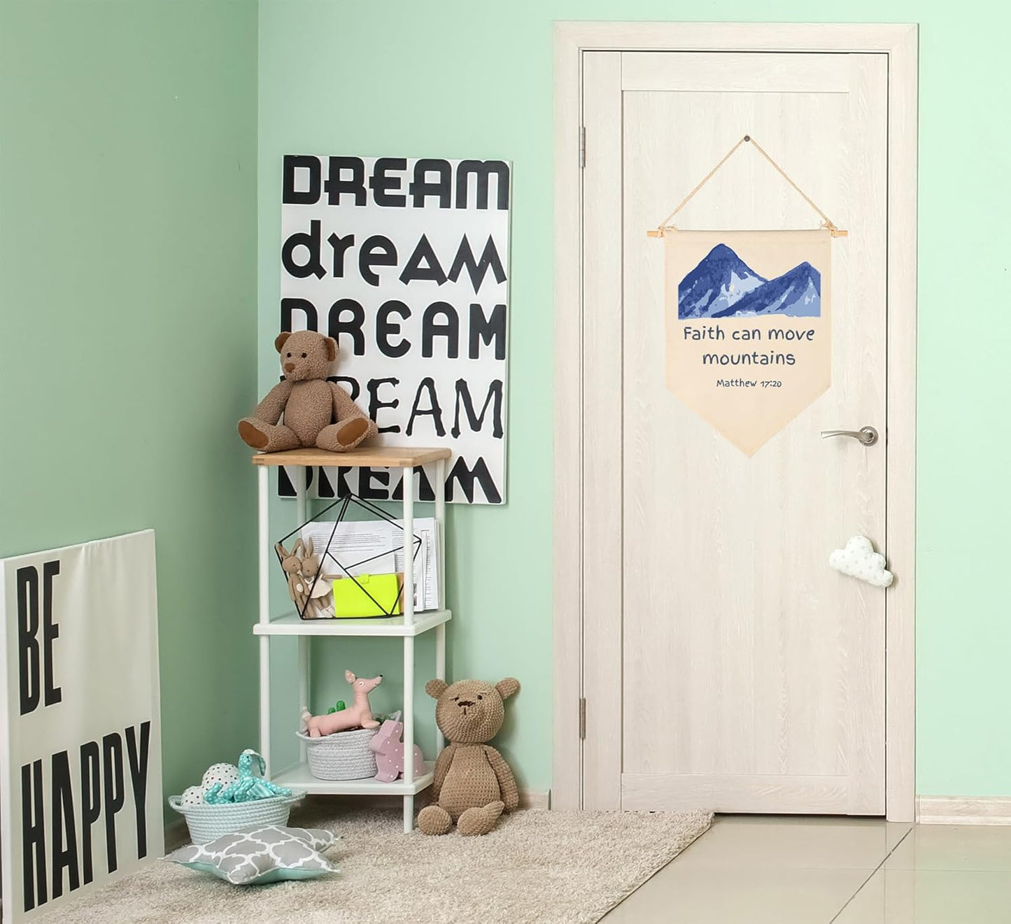 Faith can move Mountains-Kids Memory Bible Verse Banner Decor-Scripture Flag Sign Gifts for Boys Girls Baby Newborn-Banner Wall Art Gifts for Nursery Baby Room Playroom Bedroom Front Door