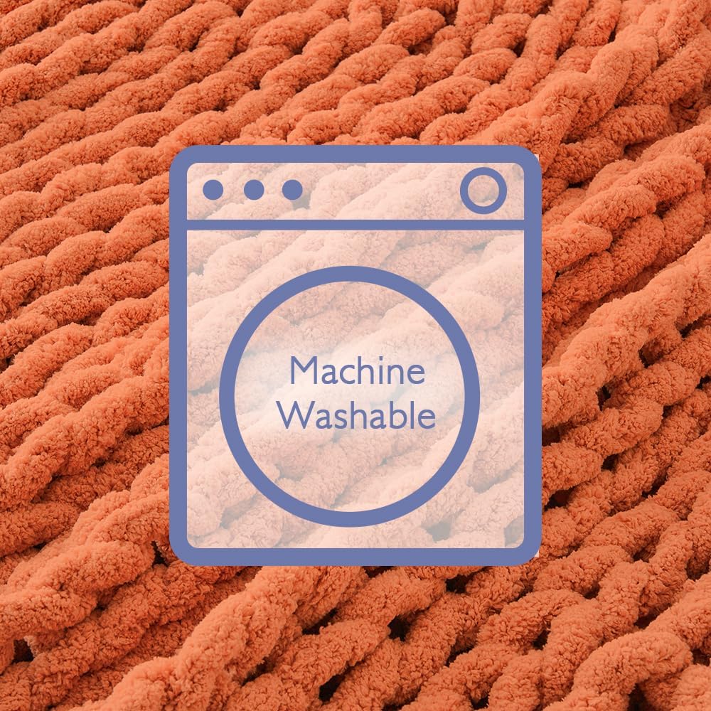 Bigacogo Chunky Knit Throw Blanket for Couch, 40x40 inches, 100% Hand Knitted with Thick Jumbo Chenille Yarn, Cozy Soft Large Rope Knot Cable Crochet Blankets for Sofa Bed Living Room, Terracotta