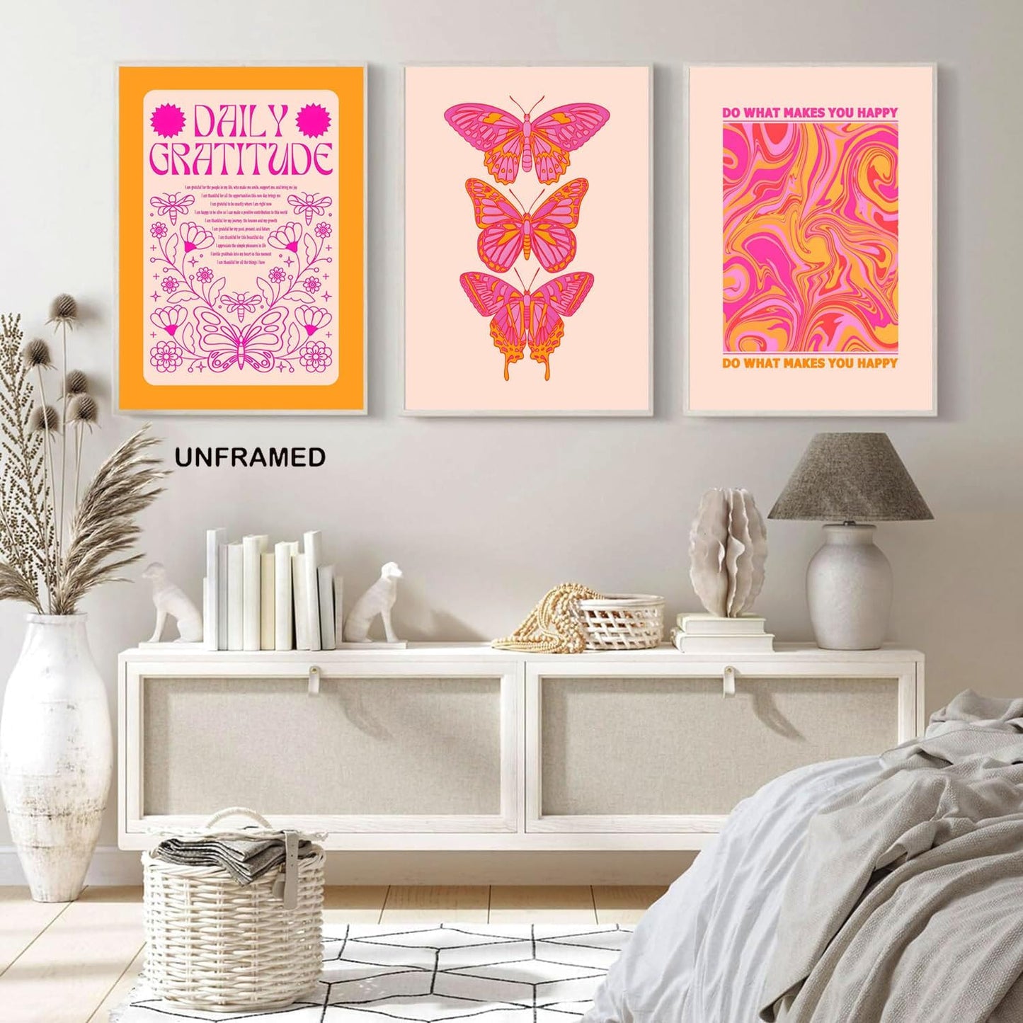 Hwetui Butterfly Wall Art Poster Set of 3 - Pink Orange Preppy Wall Decor Pictures, Daily Gratitude Paintings Prints Aesthetic Home Decor for Girls Bedroom Dorm Apartment 12x16 inch Unframed