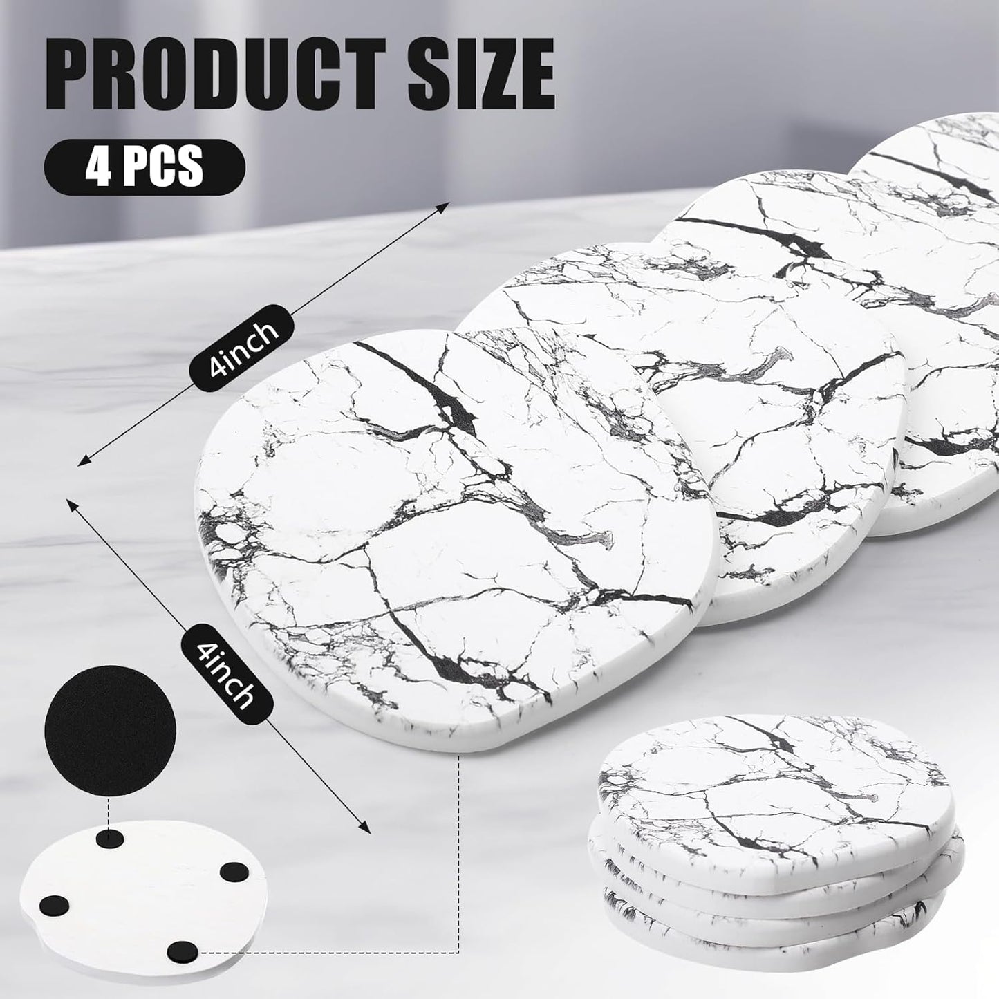 Diatomaceous Earth Coaster ,Set of 4,Unique White Absorbent Coasters for Drinks,Modern Aesthetic Instant Dry Stone Drink Coasters(4,Marble White)