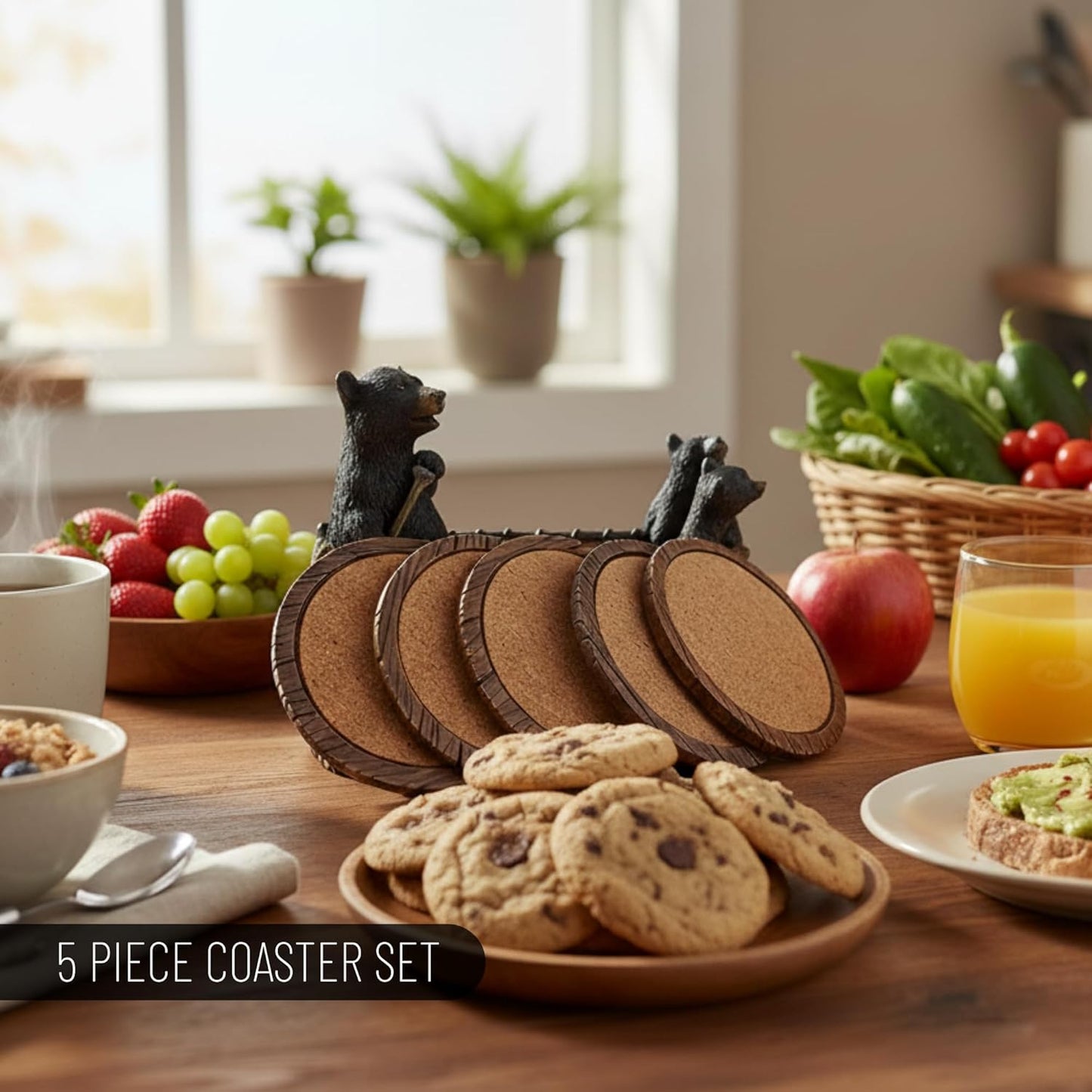 Black Bear Canoe Coaster Set with Holder - Pine Ridge 3 Rustic Black Bear Cabin Decor Absorbent Coaster Drink - Set of 5 Drink Coaster Set