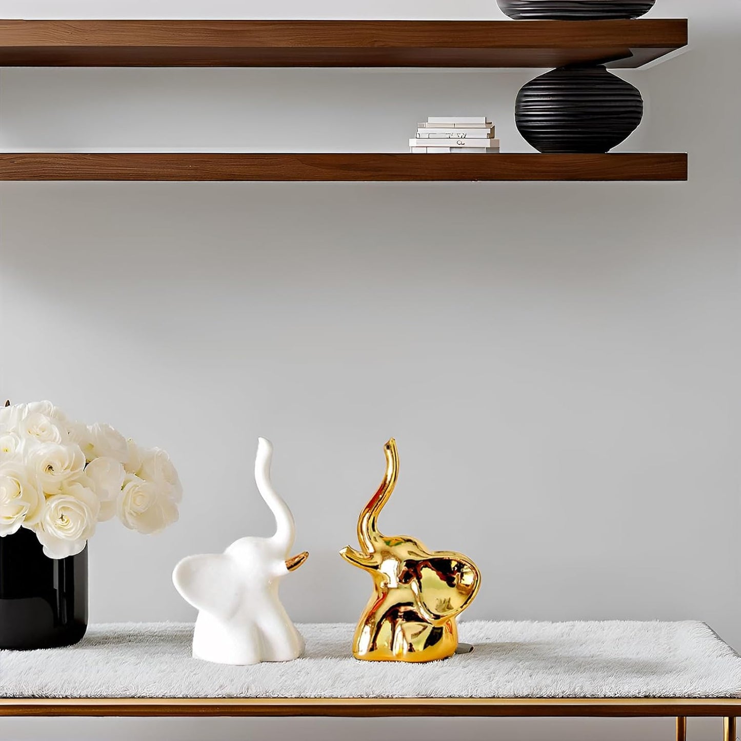 Home Decor Elephant Statues,1 Pair, Small Decorative Accents for Shelves, Livingroom and Bedroom, Gold and White