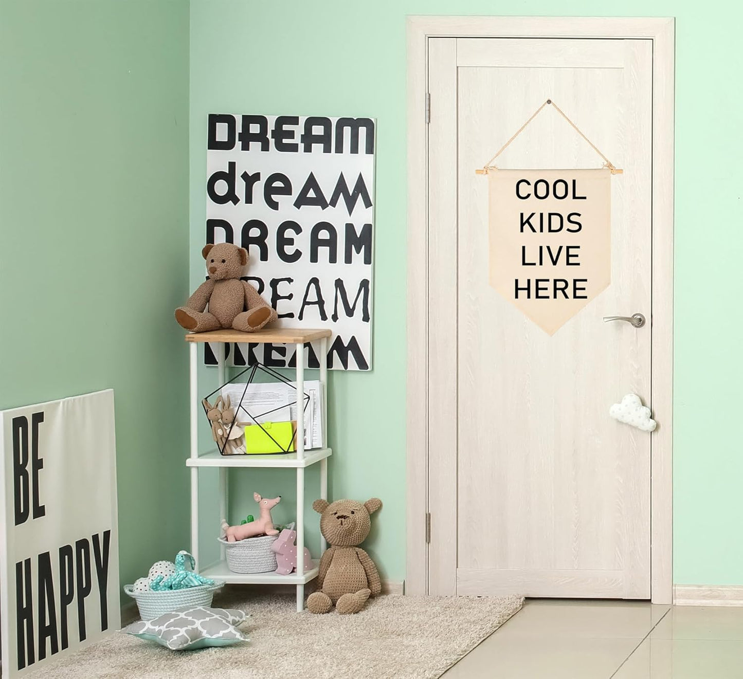 Cool Kids Live Here-Nursery Wall Flag Decor, Bedroom Decor,Playroom Sign,Front Door Decor,Banner Gift for Newborn Boys Girls Kids,Baby Gift Shower for Baby Daguther Son,New Home Birthday Gift