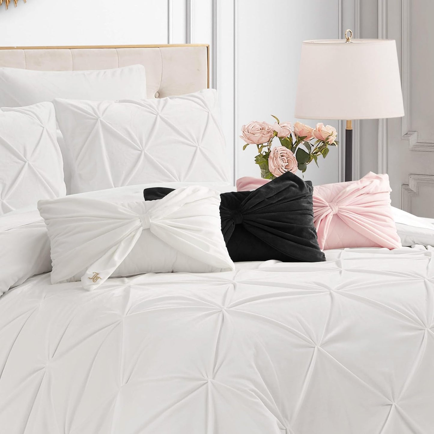 Juicy Couture Rectangle 1-Piece Decorative Accent, Premium Reversible Throw Pillow, Living Room and Bedroom Décor, 10"x18", Velvet Bow-Hot Pink